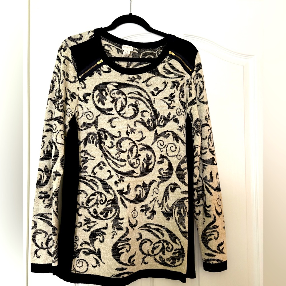 Chico’s black and off white sweater. Metallic thread throughout. Size Chico’s 3